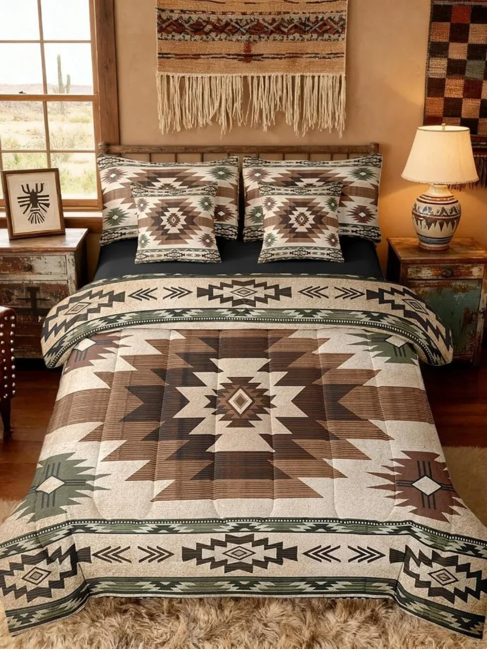 7 Pcs Bohemian Tribal King Bedding Set Wooden Retro Grid Stripes Rustic Comforte